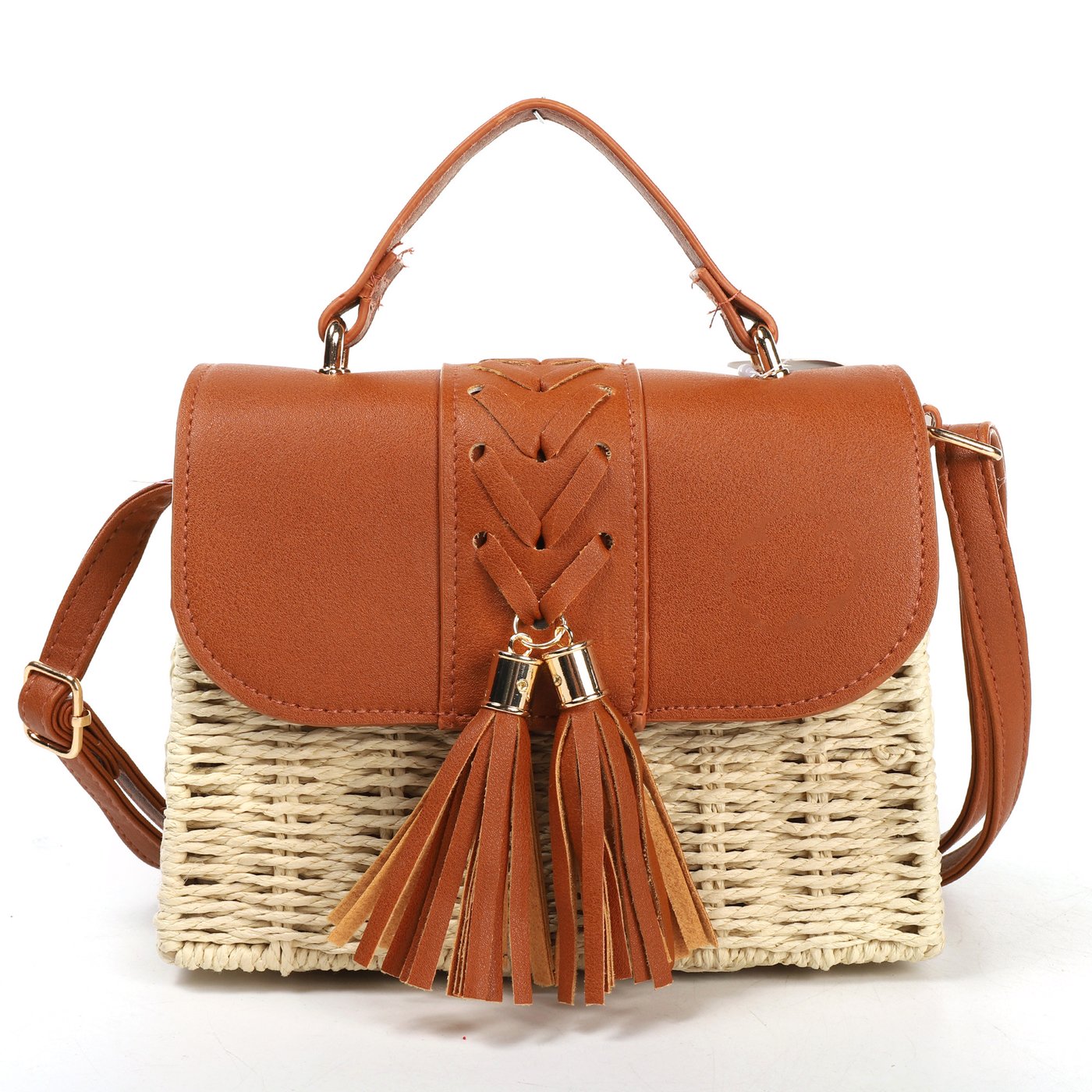 Straw and synthetic shoulder bag with pompom details GB