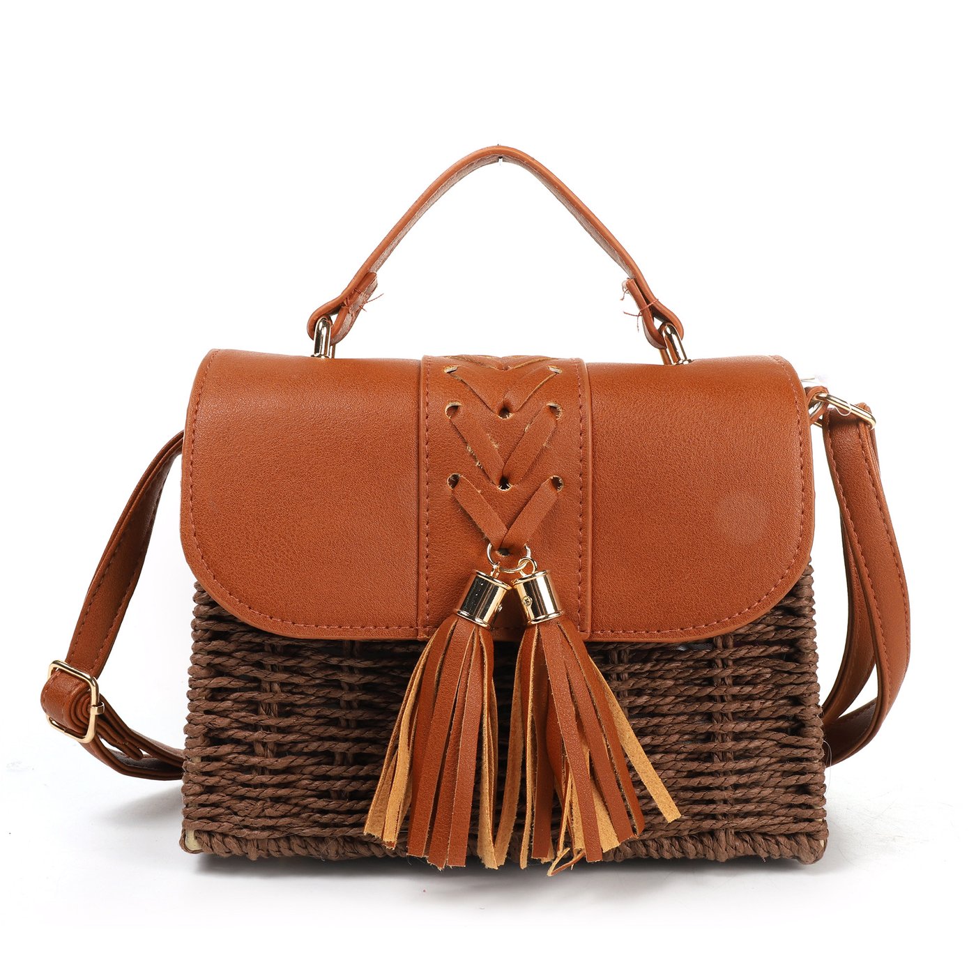 Straw and synthetic shoulder bag with pompom details GB