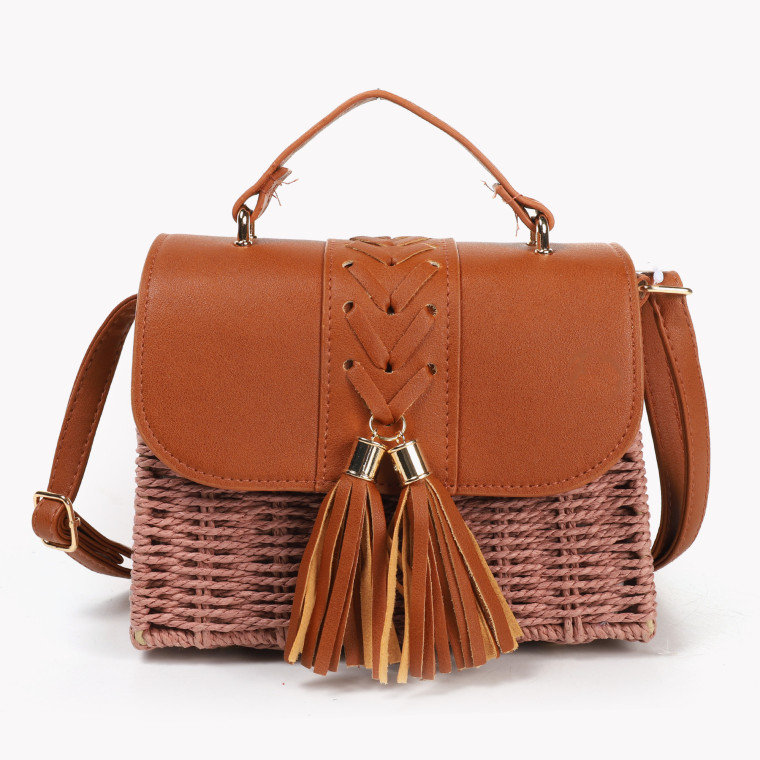 Straw and synthetic shoulder bag with pompom details GB