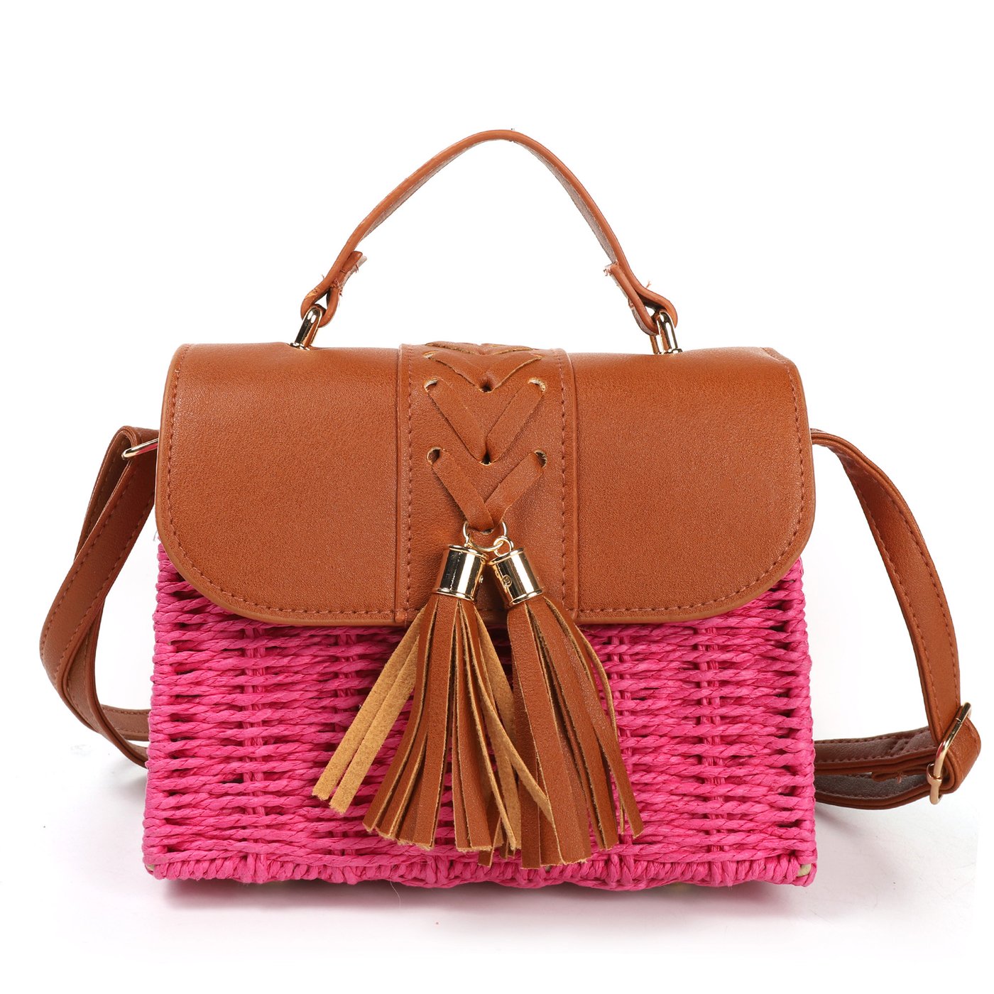 Straw and synthetic shoulder bag with pompom details GB