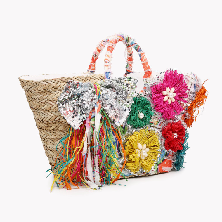 Straw basket with multicolor floral and sequins GB
