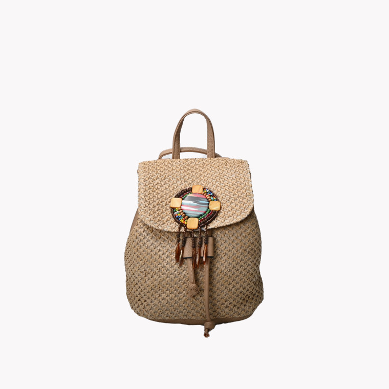 Raffia backpack with multicolor bead pendant GB