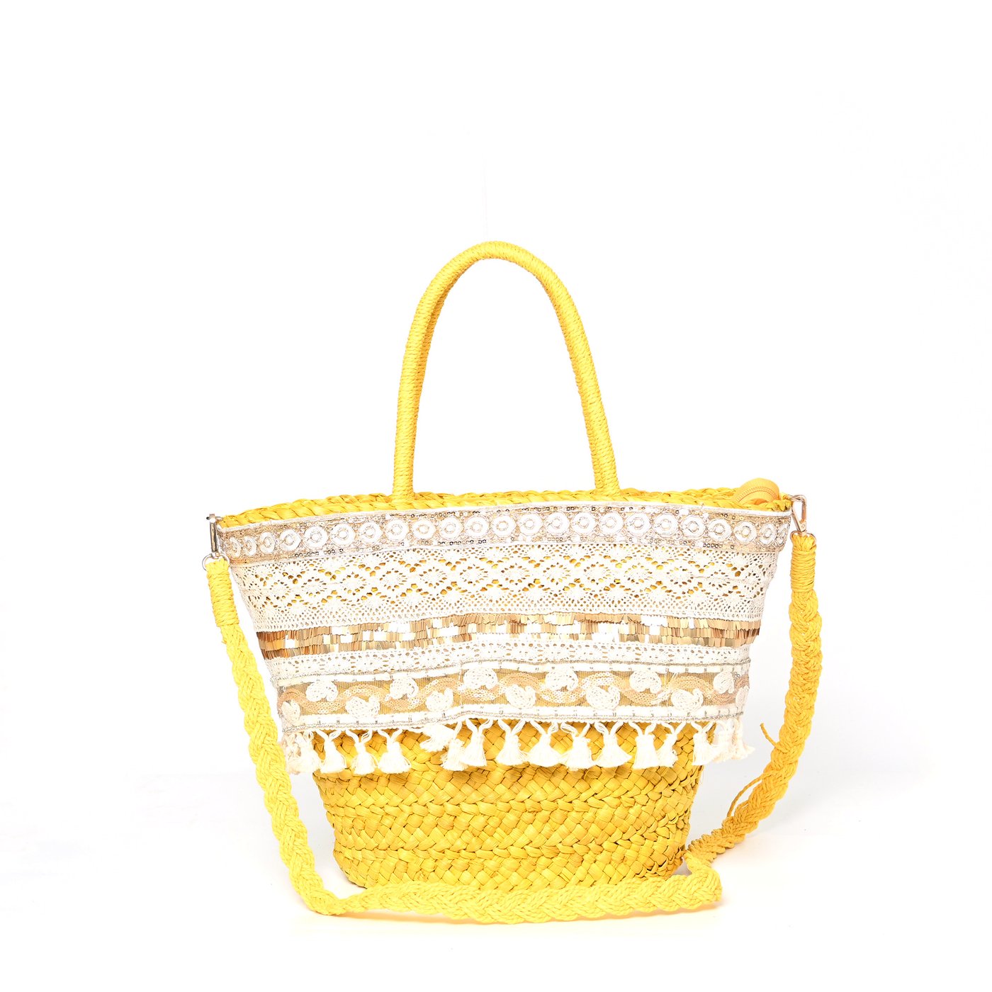 Straw bag with lace and gold details GB