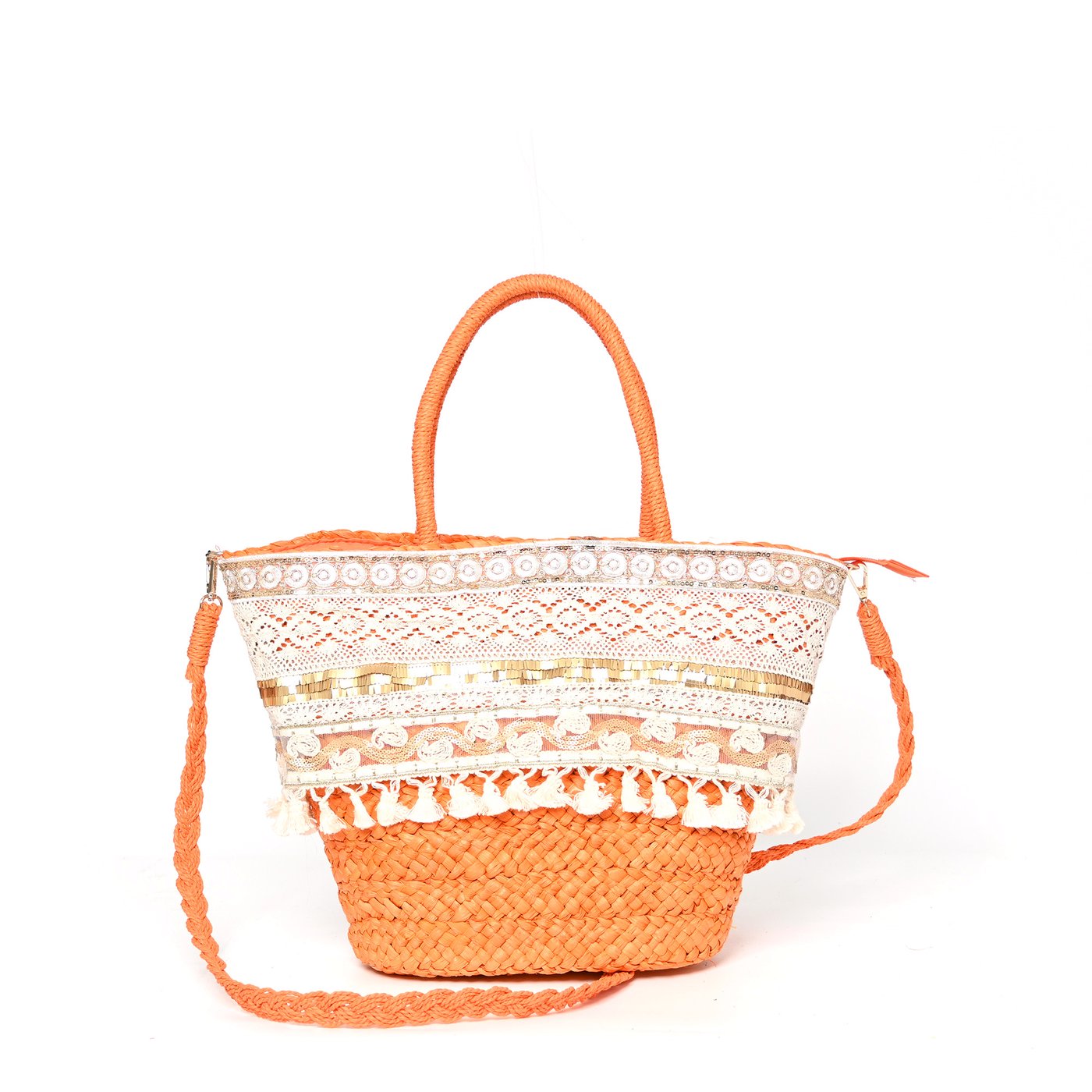 Straw bag with lace and gold details GB