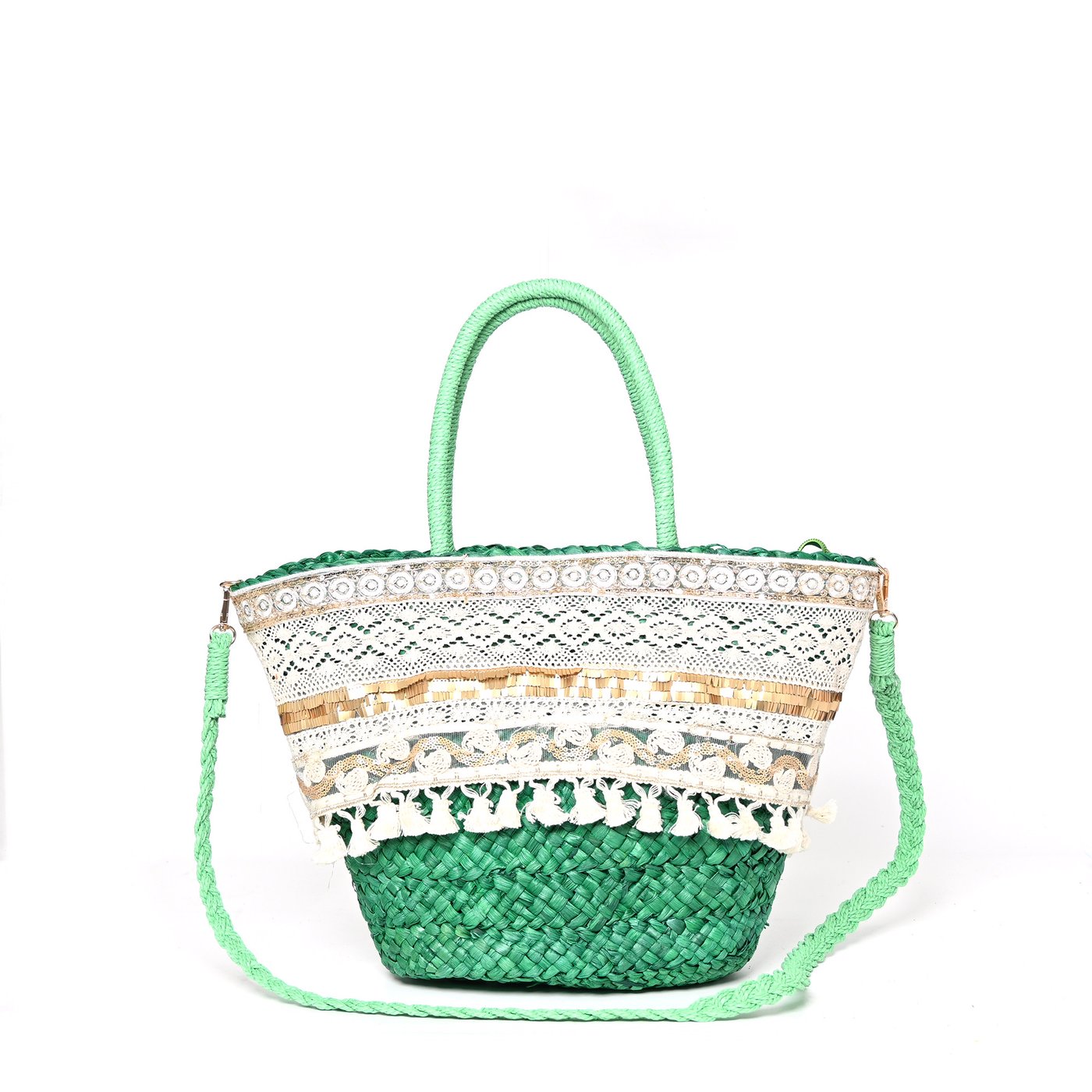 Straw bag with lace and gold details GB