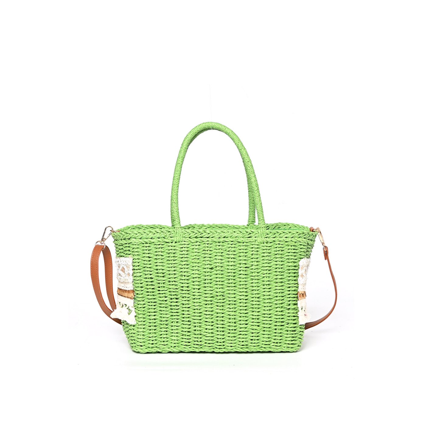 Straw bag with lace and pompoms GB