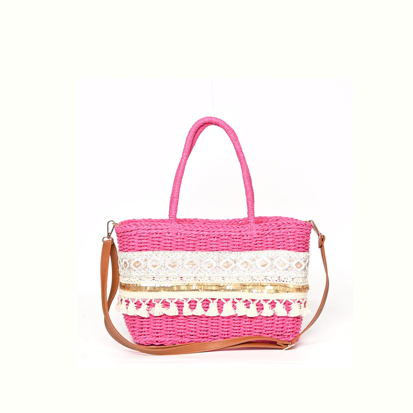 Straw bag with lace and pompoms GB