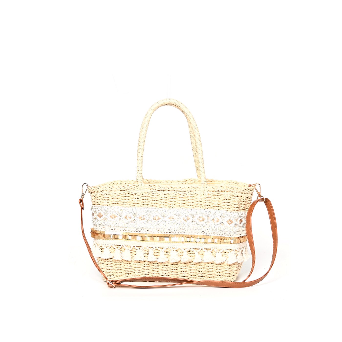 Straw bag with lace and pompoms GB