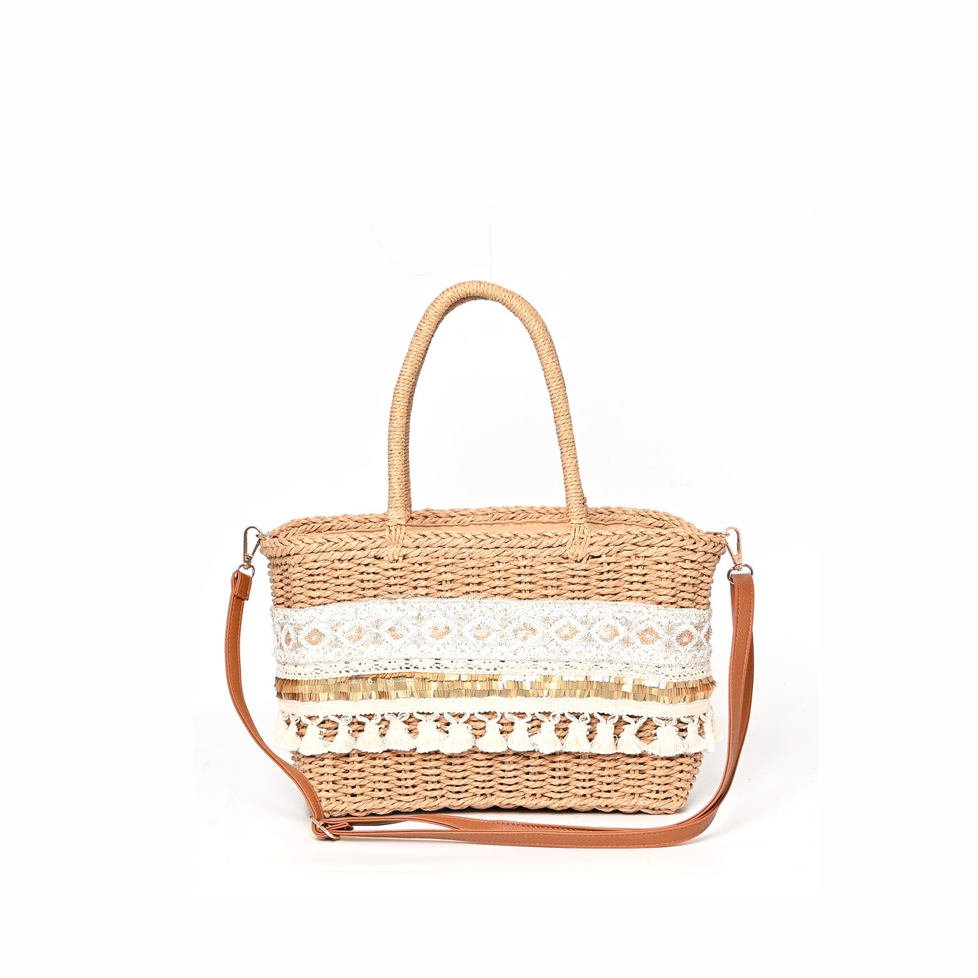 Straw bag with lace and pompoms GB