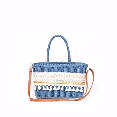 Straw bag with lace and pompoms GB