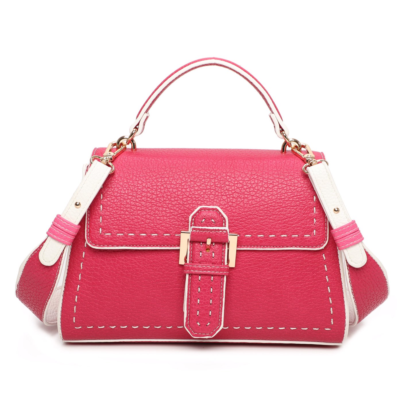 Handbag with buckle flap closure and GB stitching