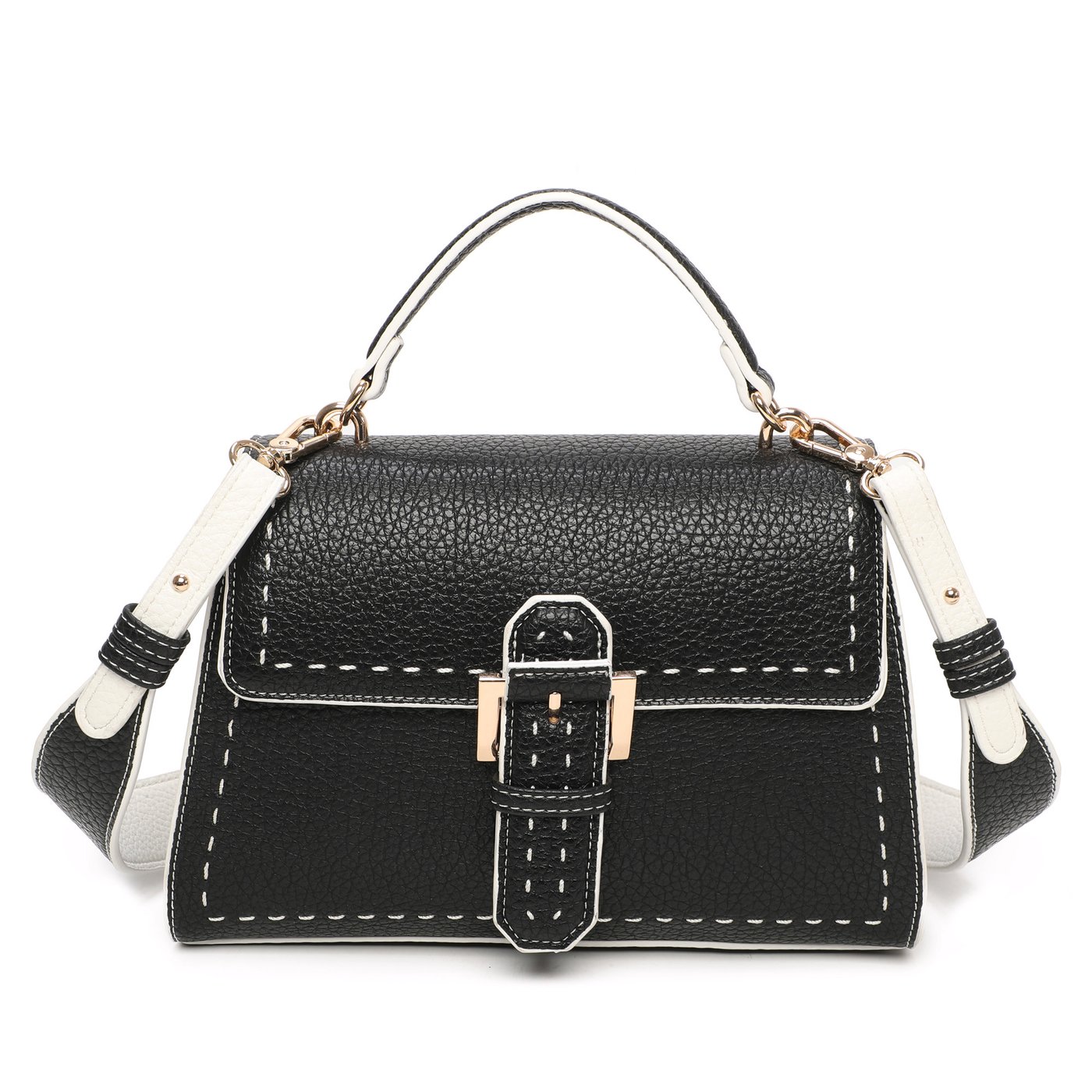 Handbag with buckle flap closure and GB stitching