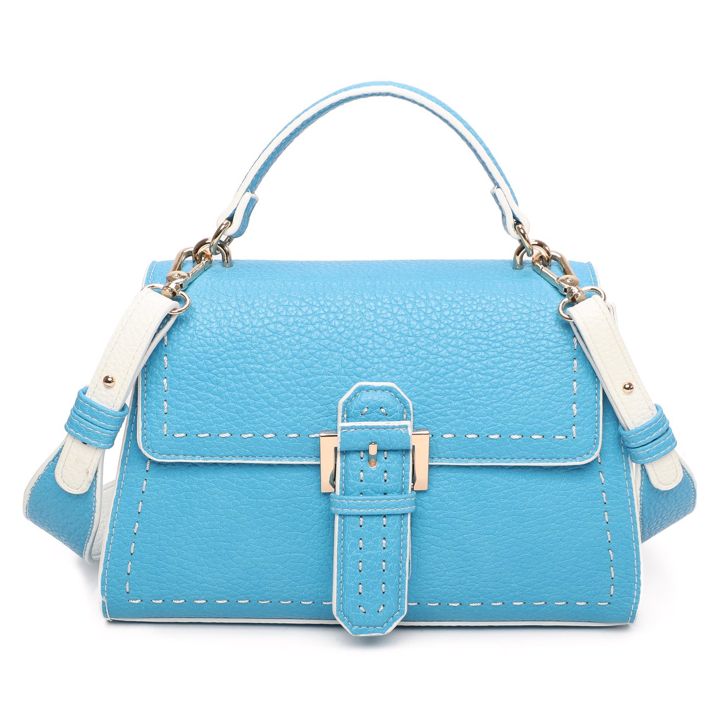 Handbag with buckle flap closure and GB stitching