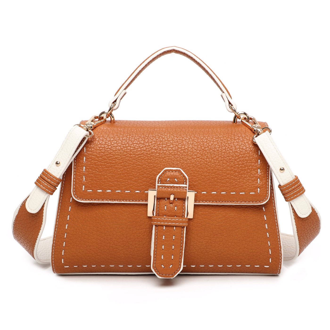 Handbag with buckle flap closure and GB stitching