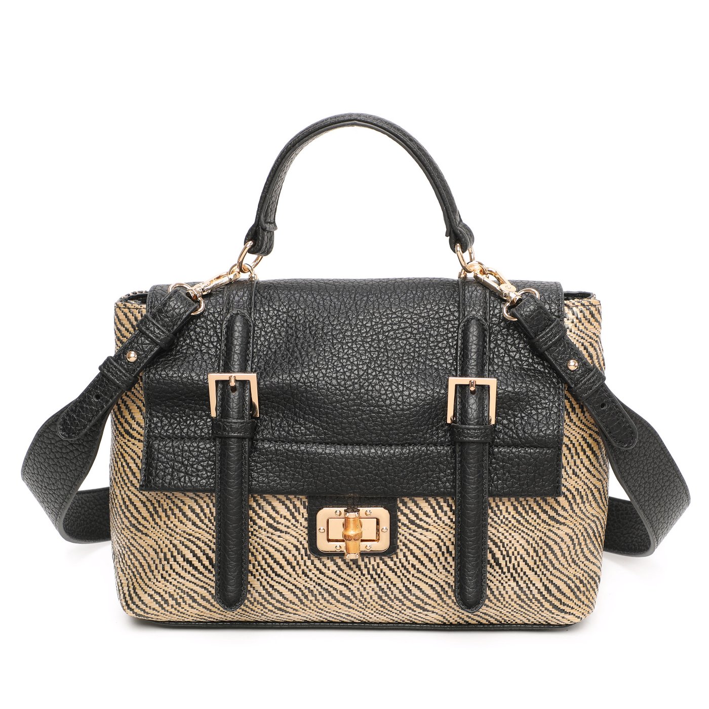 Synthetic bag with raffia buckle details and GB bamboo