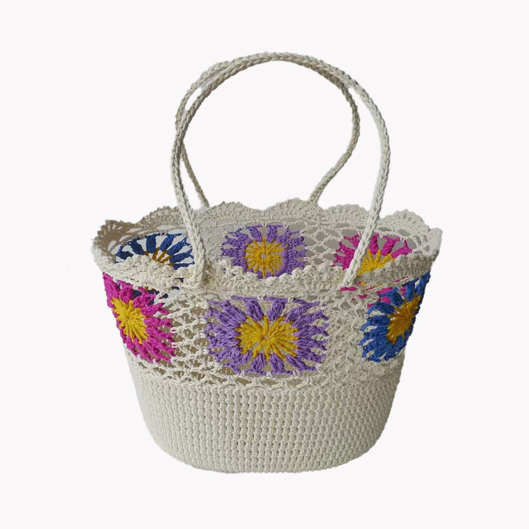 Raffia beach bag with multicolor sunflowers GB