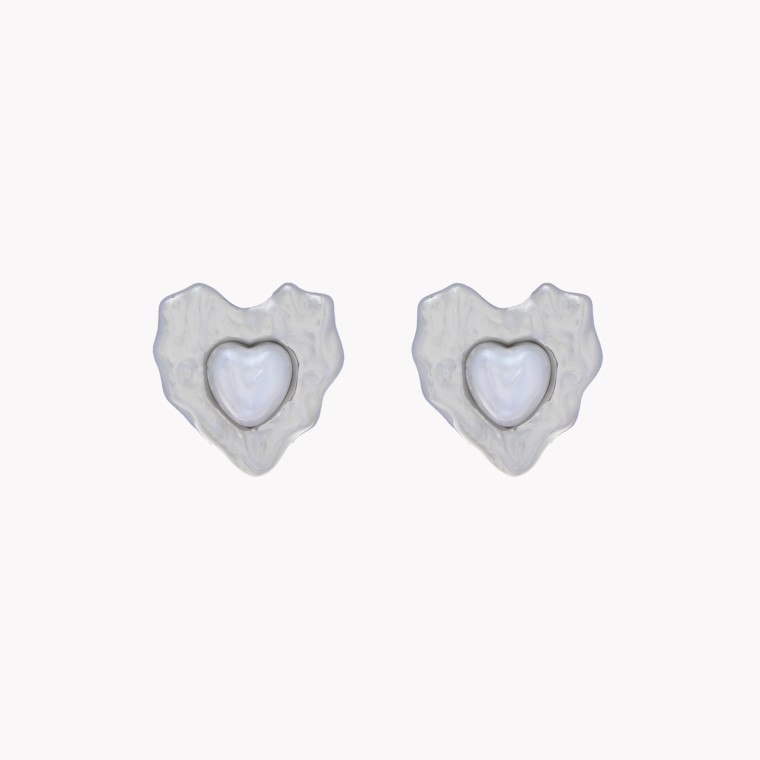 Boucles d&#039;oreilles en acier coeur avec texture et perle GB