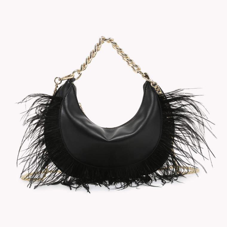 Bolso media luna con detalles de plumas GB