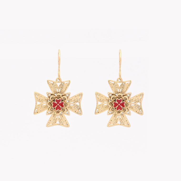 Boucles d&#039;oreilles Encantos Portugal croix de malta rouge