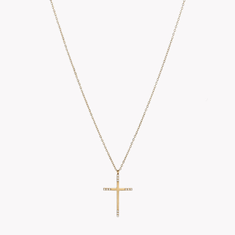 Steel necklace with cross and zirconias