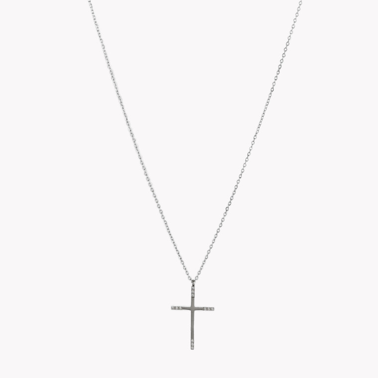 Steel necklace with cross and zirconias