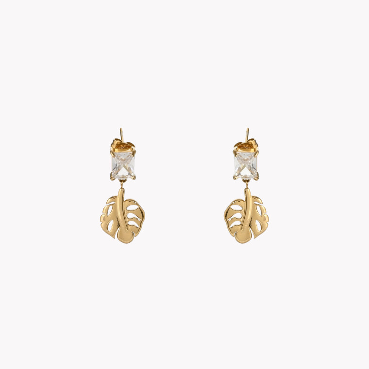 Steel leaf-shaped earrings with stone