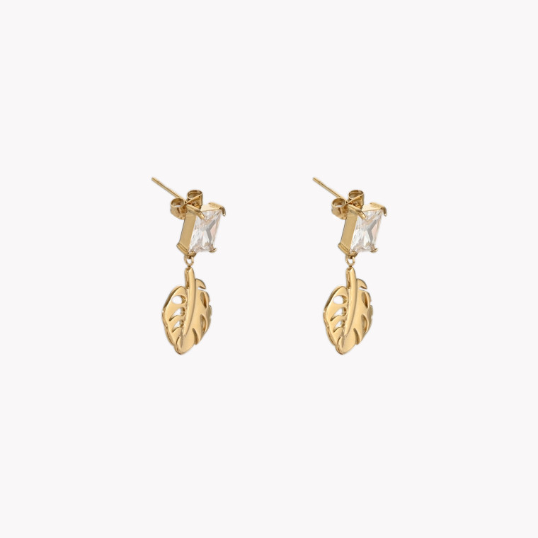 Steel leaf-shaped earrings with stone