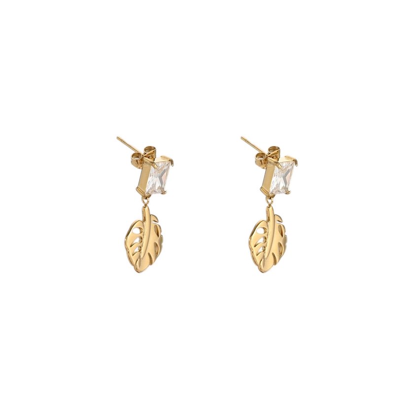 Steel leaf-shaped earrings with stone