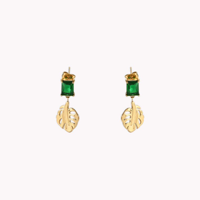 Steel leaf-shaped earrings with stone