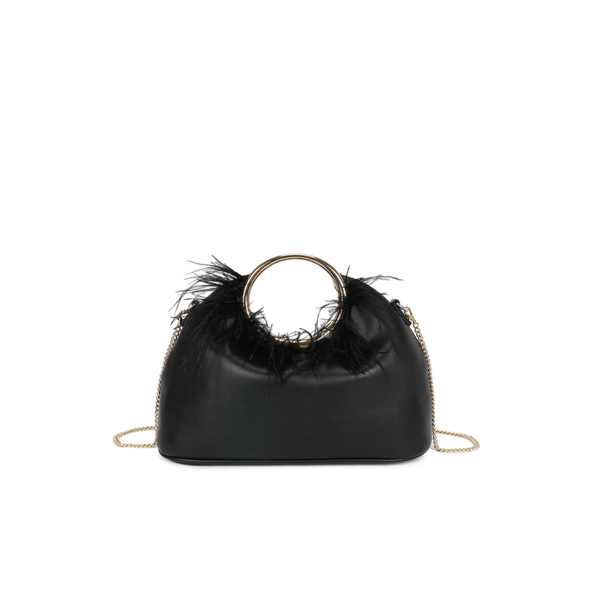 Bolso de mano con asa redonda y plumas