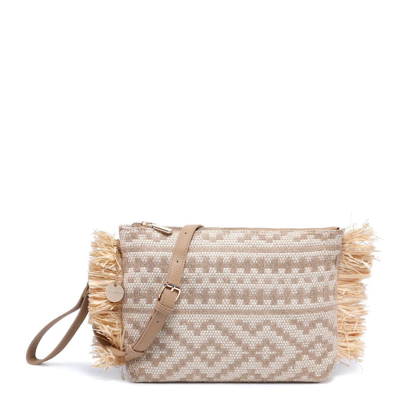 Patterned handbag with ruffles