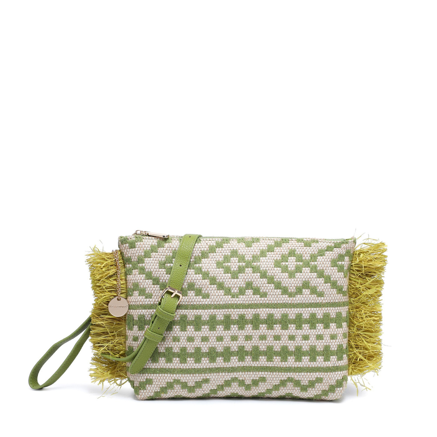 Patterned handbag with ruffles