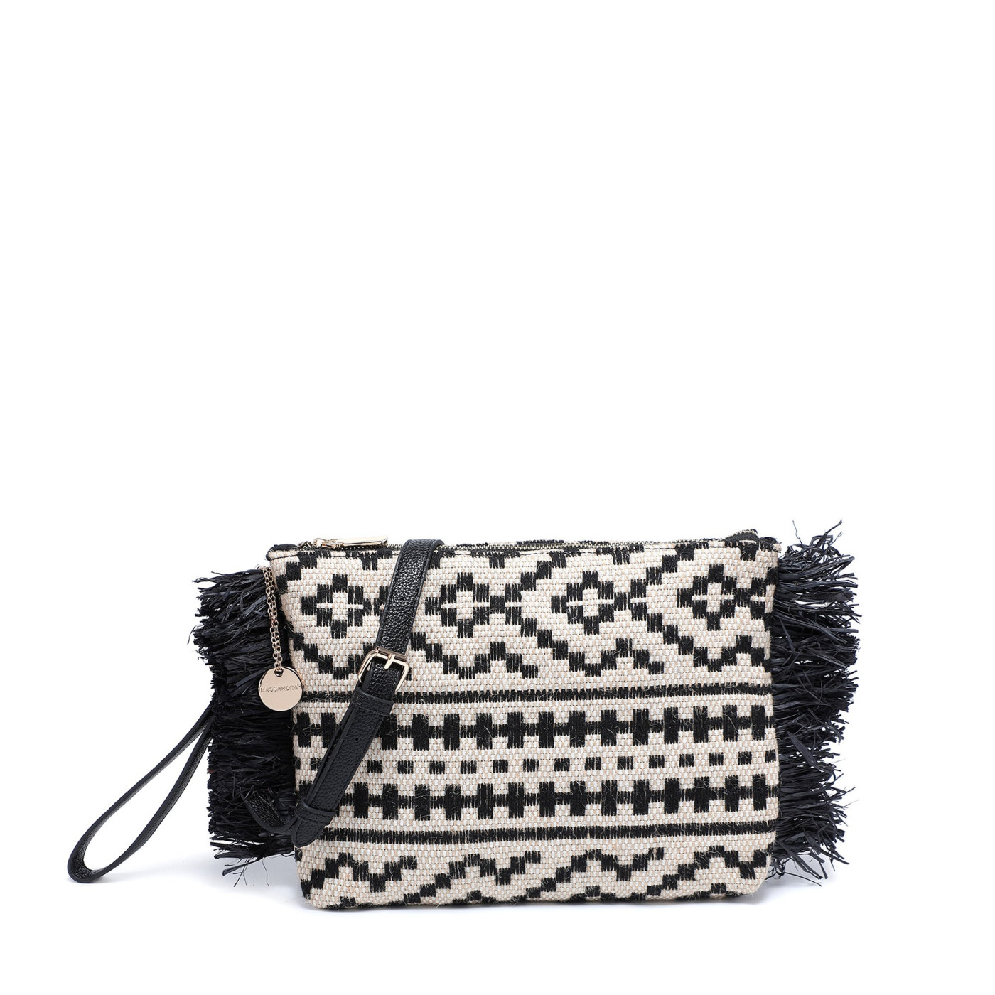 Patterned handbag with ruffles