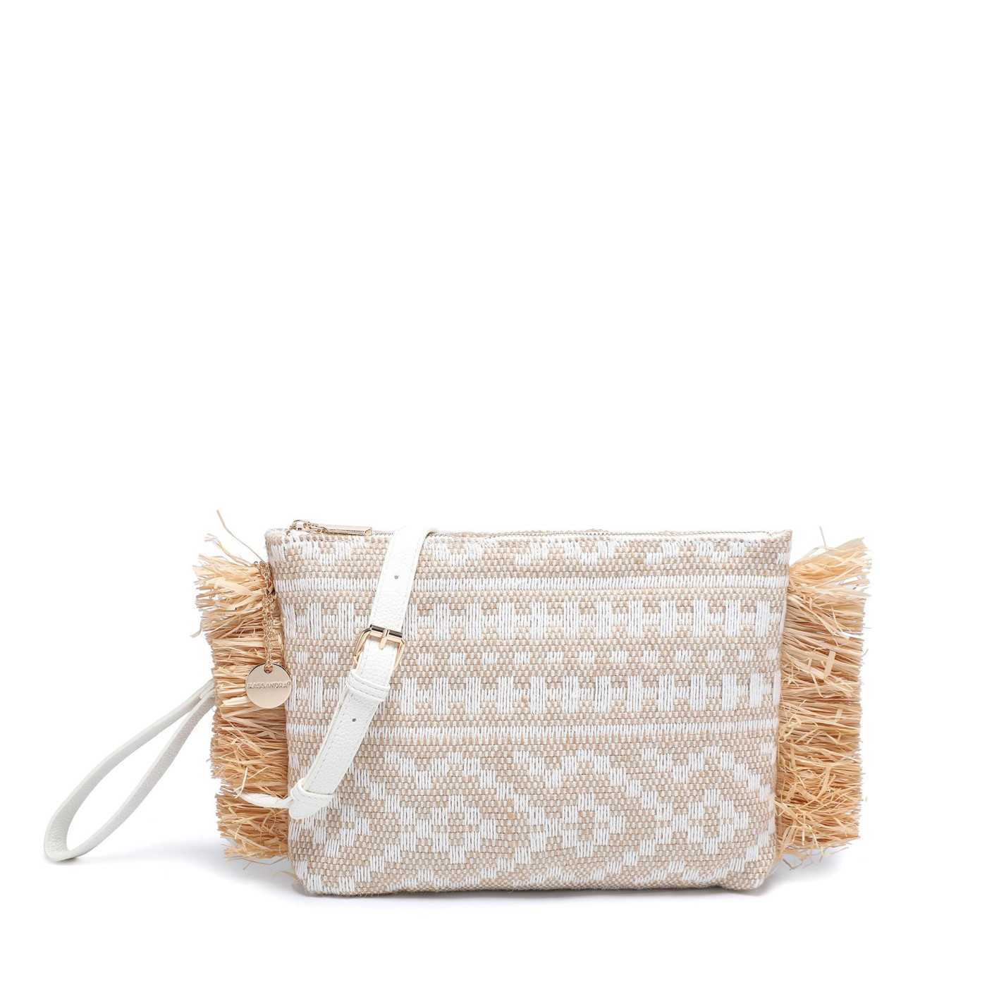 Patterned handbag with ruffles