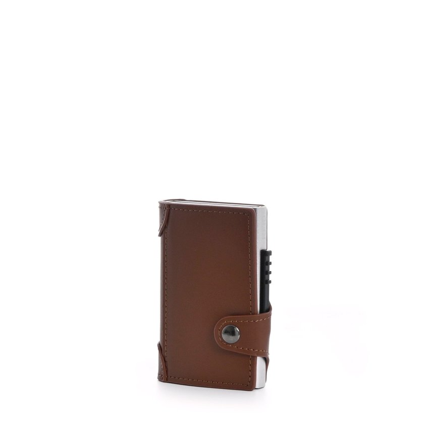 Leather card holder with details and GB button closure