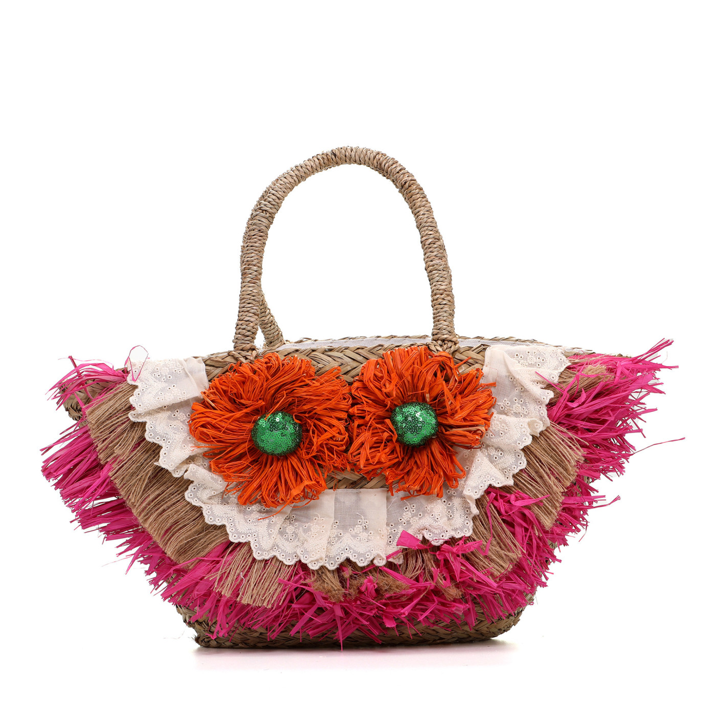 Cesto de palha com flores