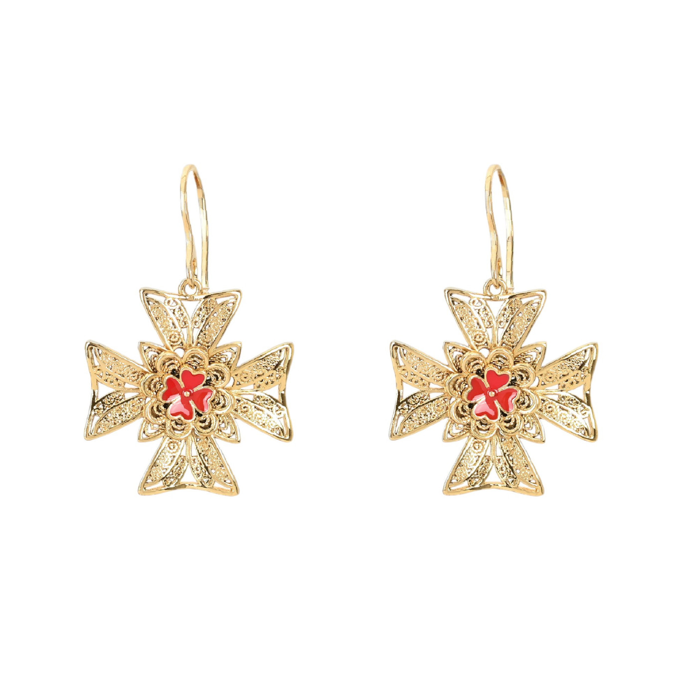 Boucles d\'oreilles Encantos Portugal croix de malta rouge