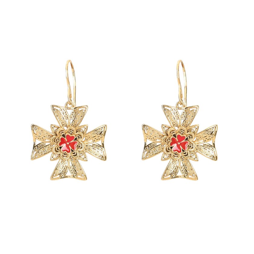 Encantos Portugal red malta cross earrings