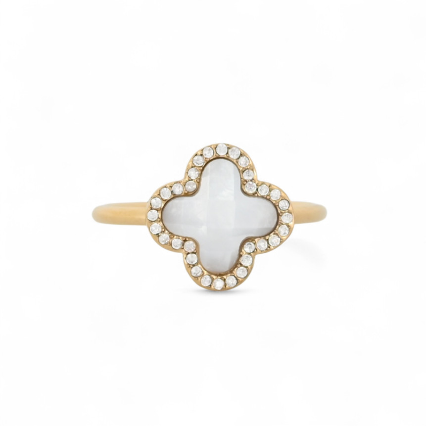 Steel ring natural stone clover GB