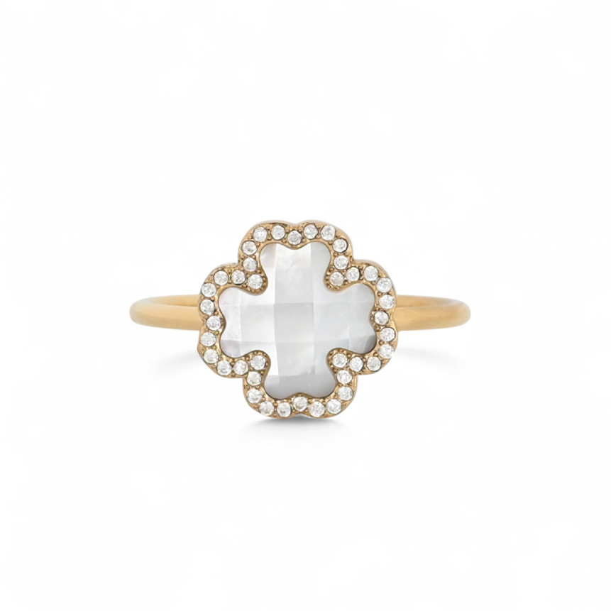 Steel ring natural stone clover GB