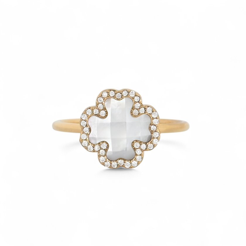 Steel ring natural stone clover GB