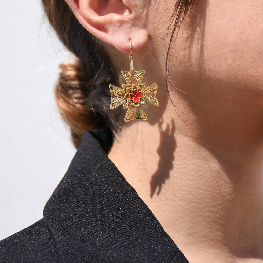 Boucles d\'oreilles Encantos Portugal croix de malta rouge