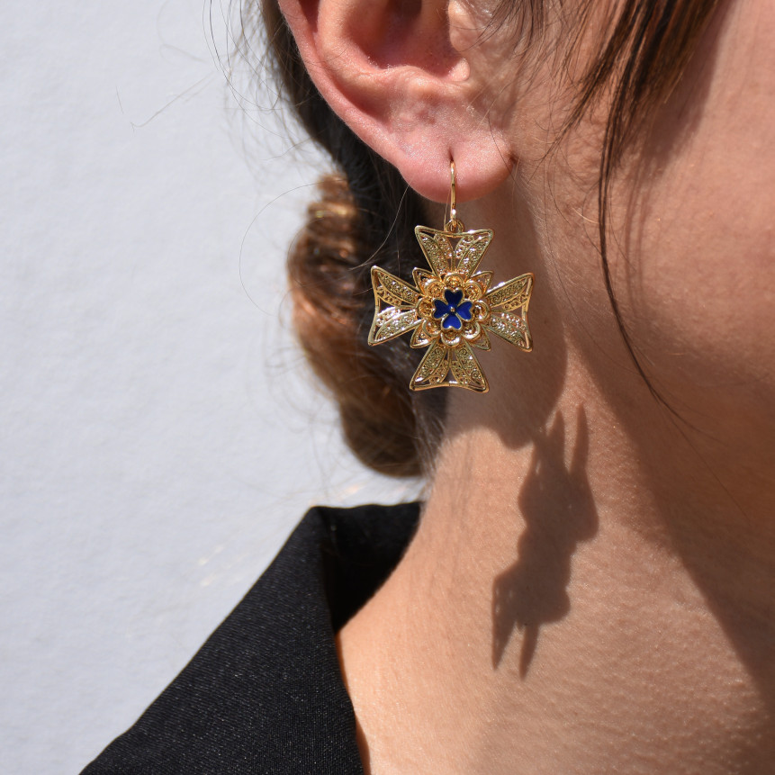 Boucles d\'oreilles Encantos Portugal croix de malta bleue