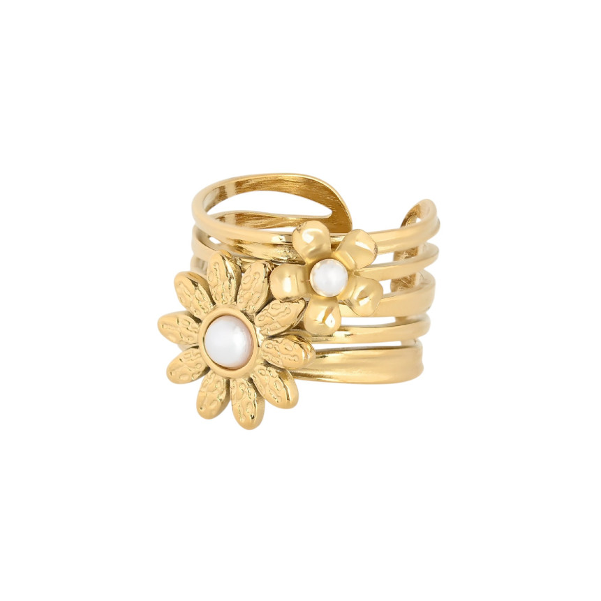Bague réglable acier fleurs GB