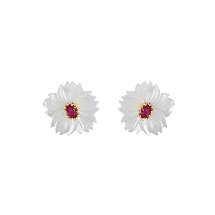 Boucles d\'oreilles en acier nacre fleur rouge GB