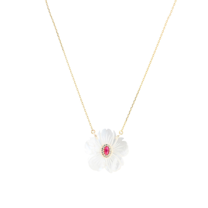Steel necklace motherpearl flower red GB