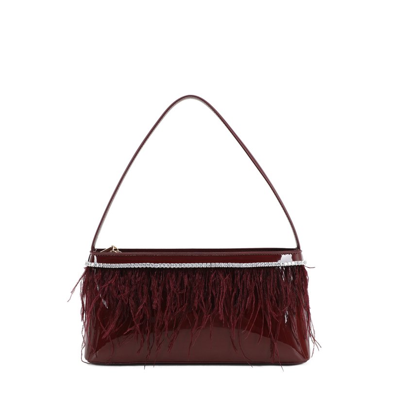 Patent leather and feather shoulder bag