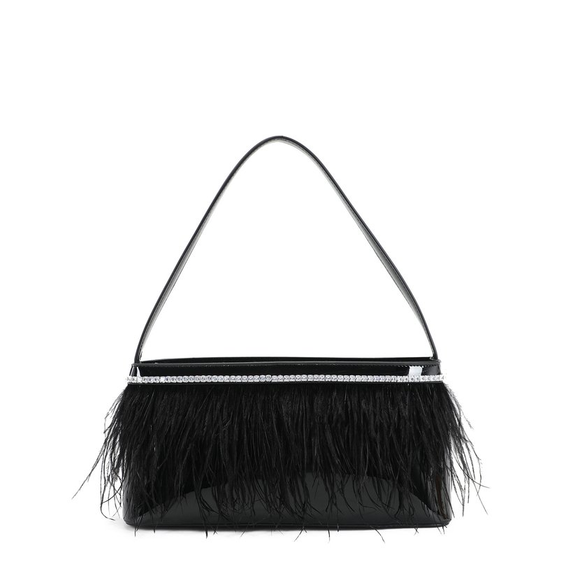 Bolso de hombro de charol y plumas