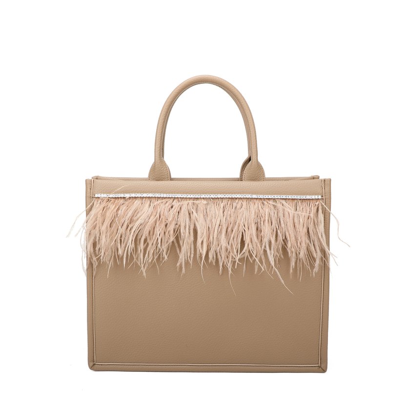 Bolso Shopper con brillos y plumas