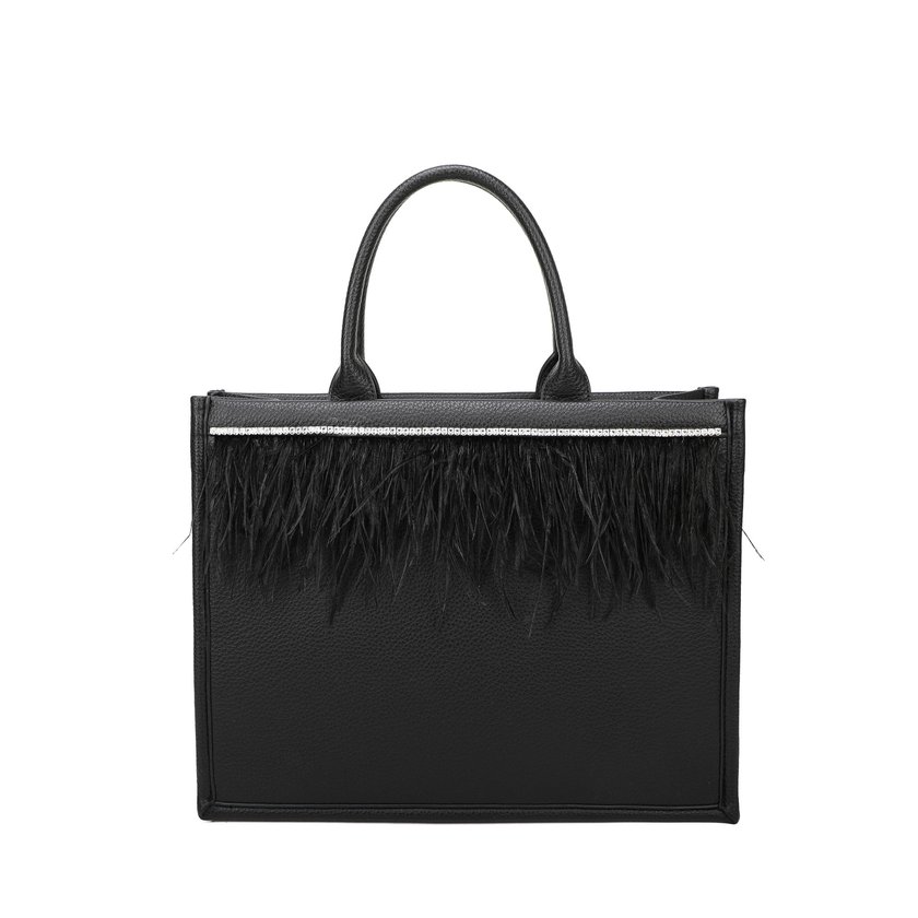 Shopper bag with rhinestones and feathers